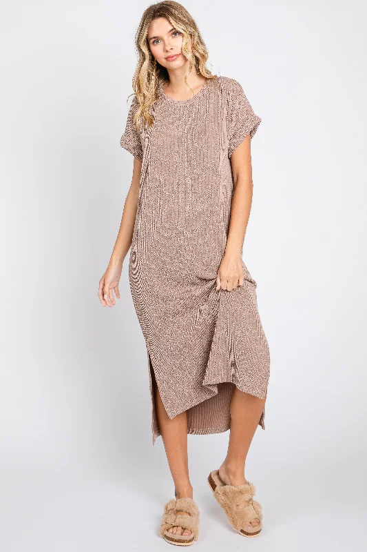 Mocha Ribbed Short Sleeve Midi Dress