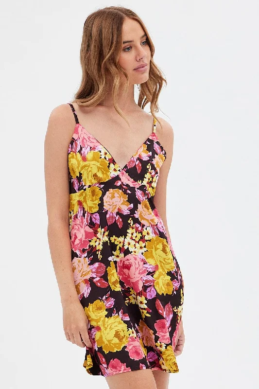 Multi Floral Slip Nightie Floral Satin Cami Night Dress