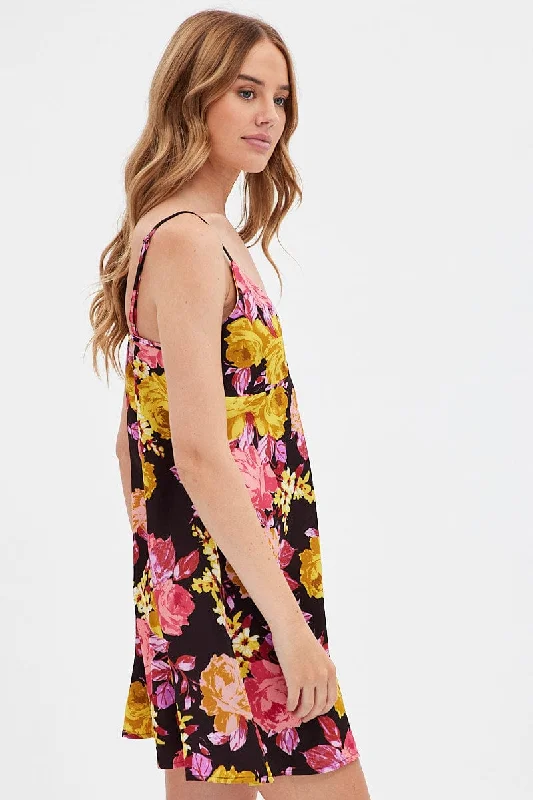 Multi Floral Slip Nightie Floral Satin Cami Night Dress