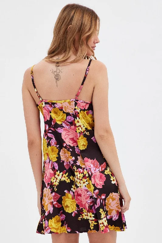 Multi Floral Slip Nightie Floral Satin Cami Night Dress