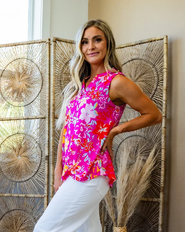 Charity Notched Neck Floral Sleeveless Top - Pink FINAL SALE