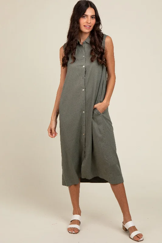 Olive Linen Button Down Midi Dress