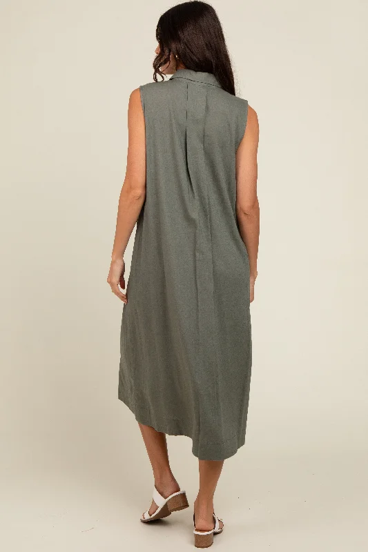 Olive Linen Button Down Midi Dress