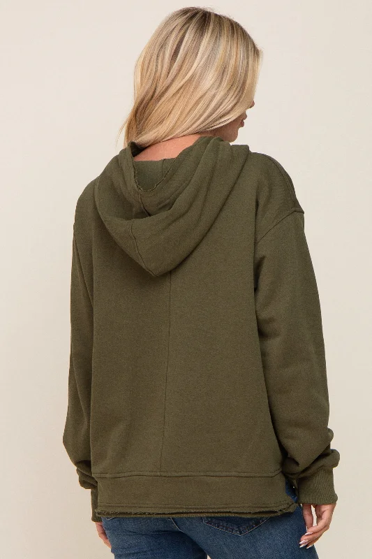 Olive Raw Edge Trim Drawstring Hoodie