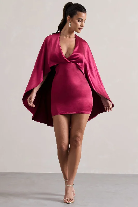 Olsen | Raspberry Satin Plunge-Neck Cape Mini Dress