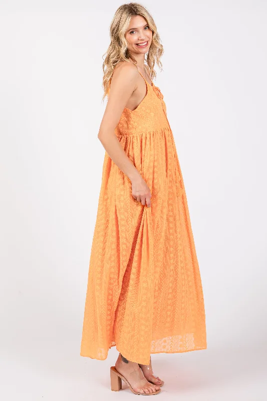 Orange Embroidered Tassel Tie Maxi Dress