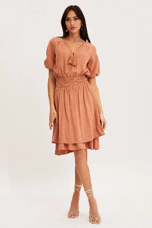 Orange Midi Dress Short Sleeve V Neck