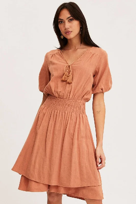 Orange Midi Dress Short Sleeve V Neck