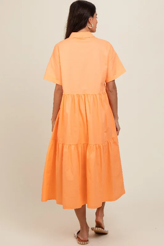 Orange Tiered Button Down Midi Dress