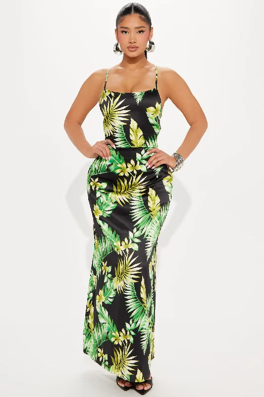 Palm Perfection Satin Maxi Dress - Black/combo