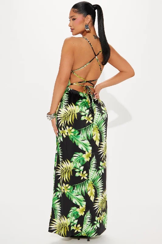 Palm Perfection Satin Maxi Dress - Black/combo