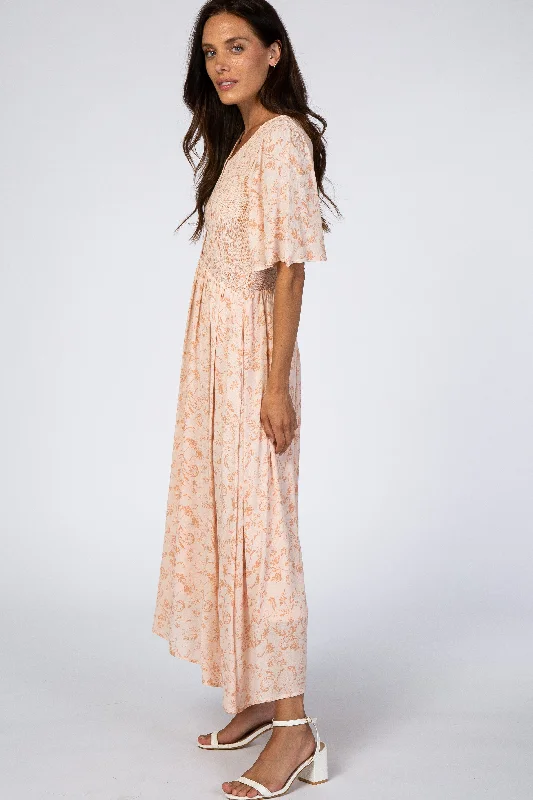 Peach Floral Button Front Smocked Midi Dress