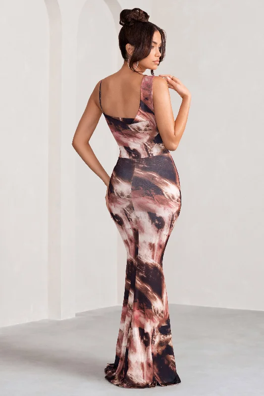 Phantasy | Brown Print Asymmetric Neckline Cowl Maxi Dress