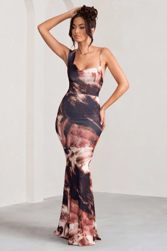 Phantasy | Brown Print Asymmetric Neckline Cowl Maxi Dress