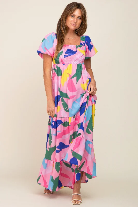 Pink Abstract Print Puff Sleeve Maxi Dress