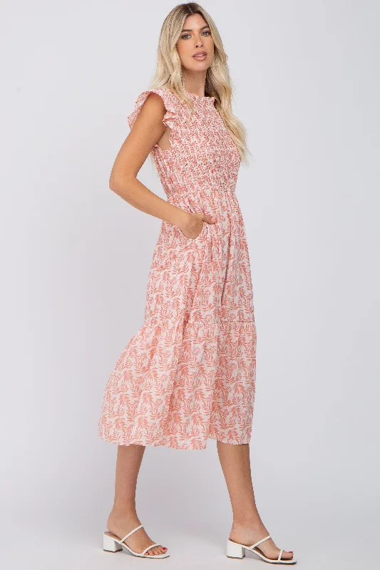 Pink Leaf Print Smocked Ruffle Sleeve Midi Dress