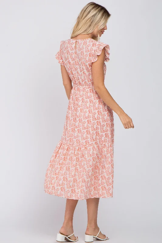 Pink Leaf Print Smocked Ruffle Sleeve Midi Dress