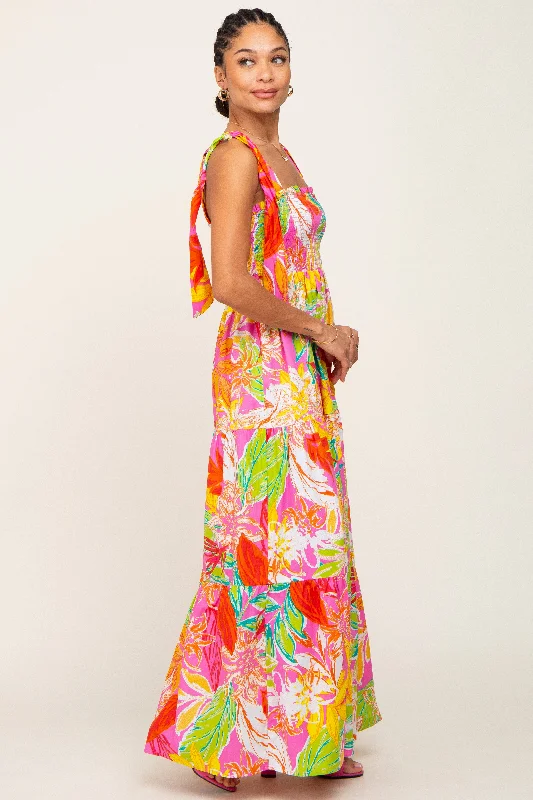 Pink Tropical Print Smocked Tie Sleeve Maxi Dress