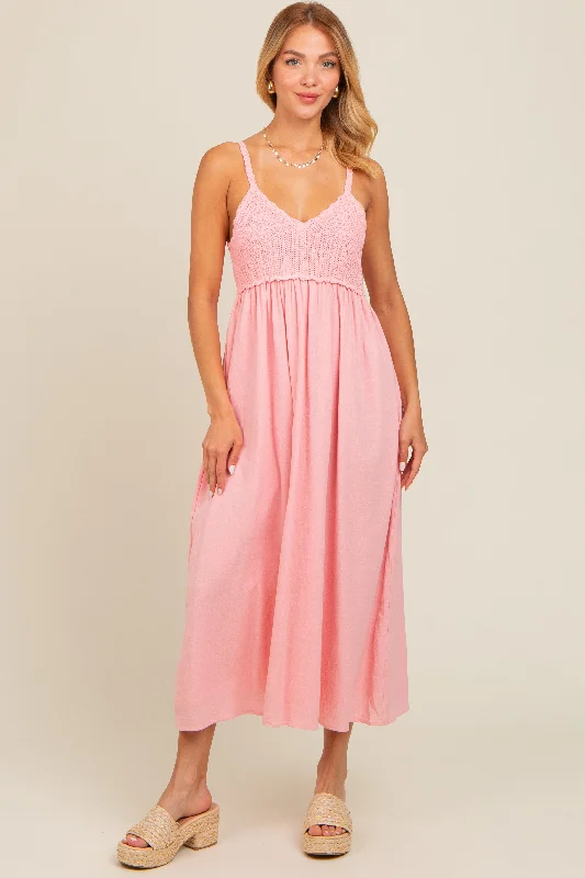 Pink V-Neck Crochet Top Midi Dress