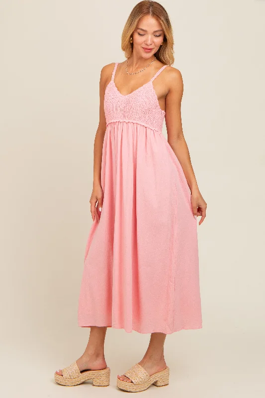 Pink V-Neck Crochet Top Midi Dress