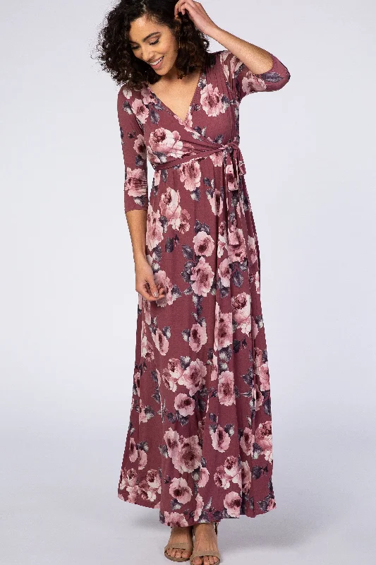 PinkBlush Mauve Abstract Floral Sash Tie Nursing Maxi Dress