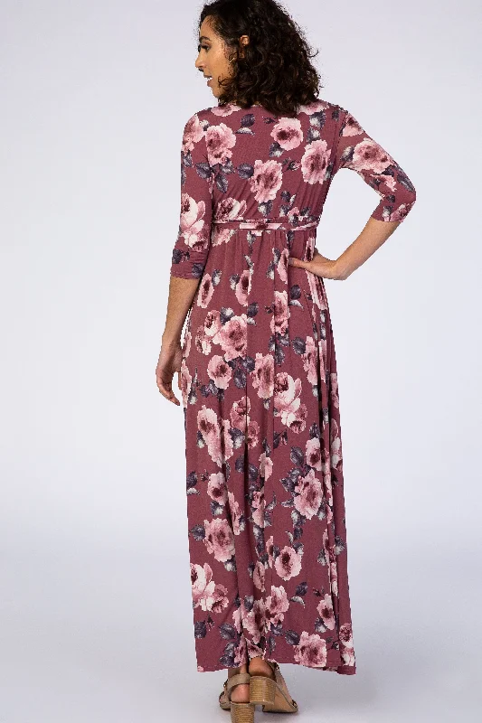 PinkBlush Mauve Abstract Floral Sash Tie Nursing Maxi Dress