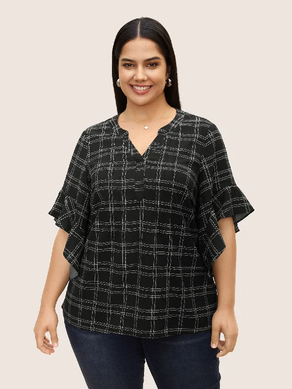 Plaid Notched Patchwork Ruffle Sleeve Blouse