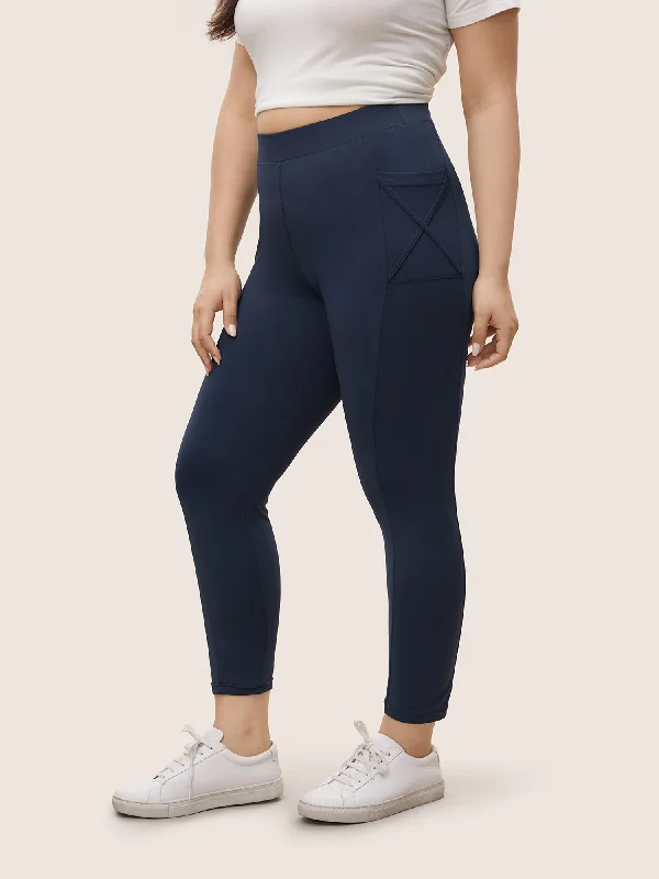 Plain Elastic Waist Crisscross Pocket Leggings