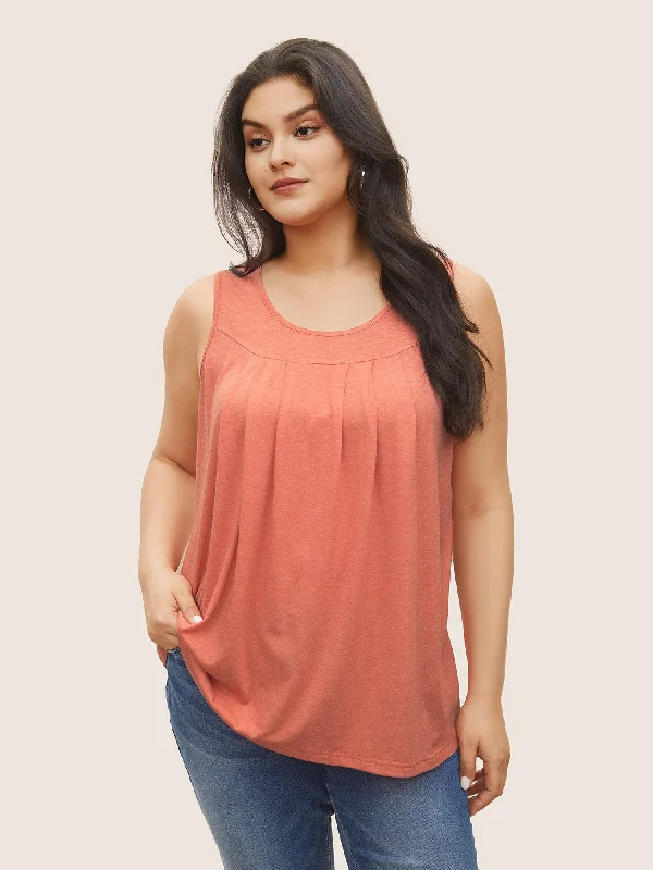 Plain Round Neck Plicated Detail Tank Top