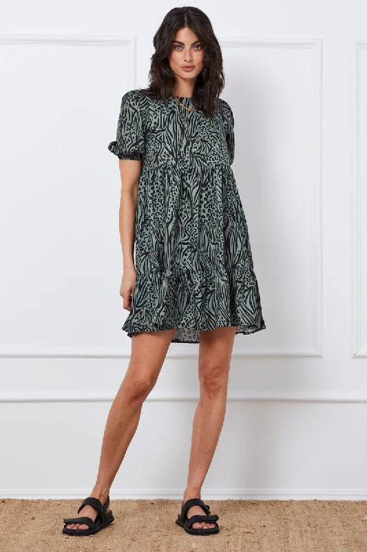 Print Mini Dress Short Sleeve Round Neck