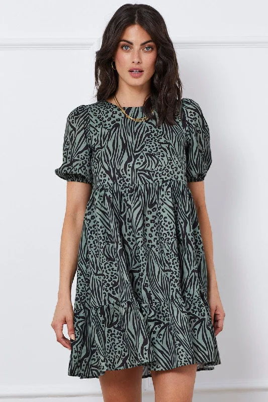 Print Mini Dress Short Sleeve Round Neck