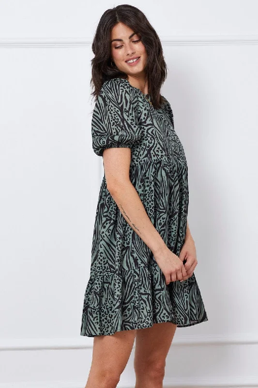 Print Mini Dress Short Sleeve Round Neck