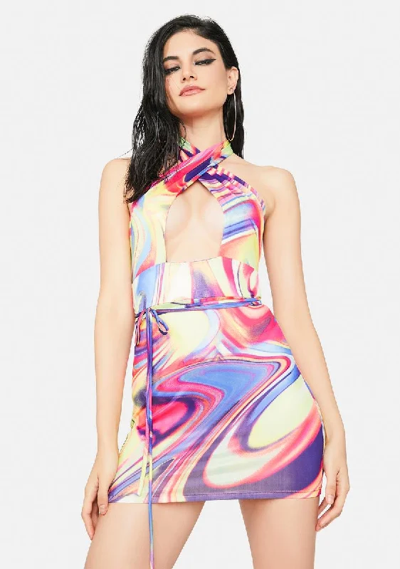 Psychedelic Sunrise Mini Halter Dress