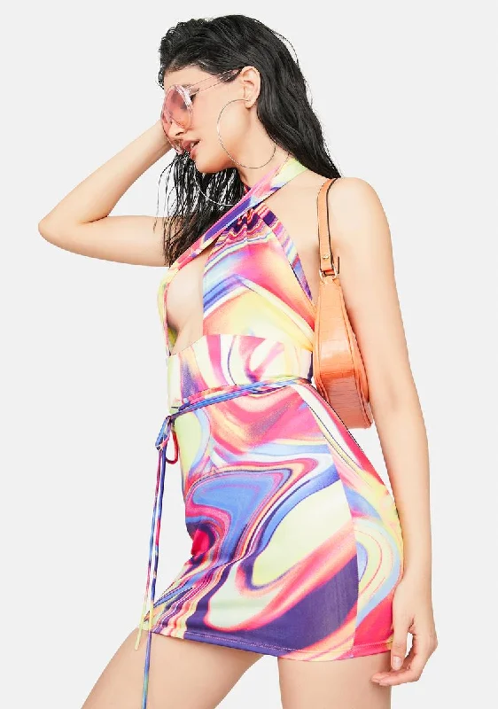 Psychedelic Sunrise Mini Halter Dress