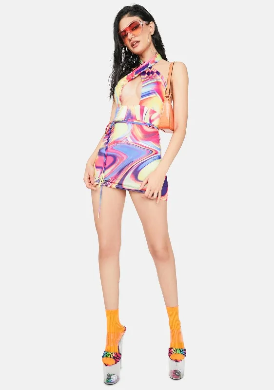 Psychedelic Sunrise Mini Halter Dress