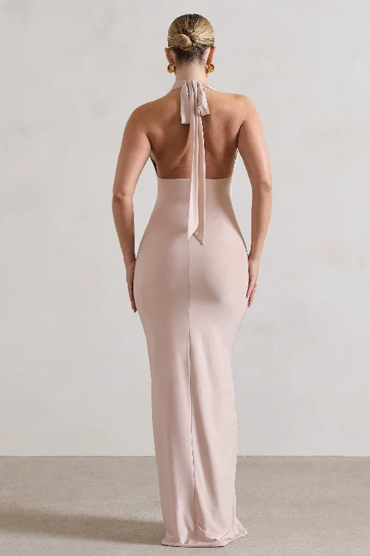 Rachel | Champagne Ruched Halter-Neck Split Maxi Dress