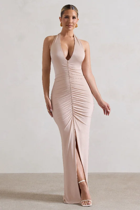 Rachel | Champagne Ruched Halter-Neck Split Maxi Dress