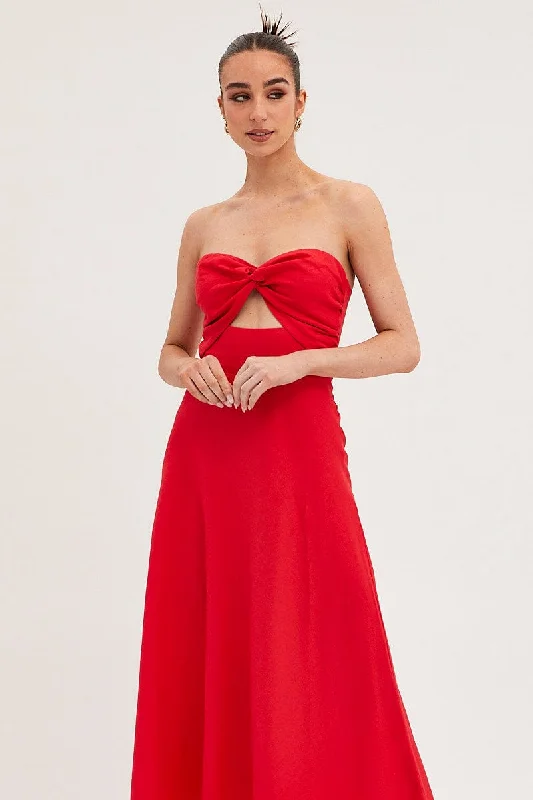 Red Bandeau Dress Sleeveless Midi Sweetheart