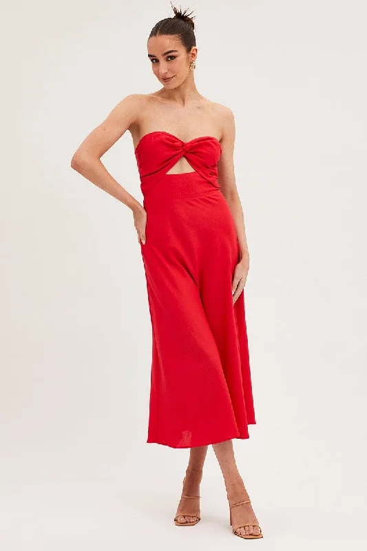 Red Bandeau Dress Sleeveless Midi Sweetheart