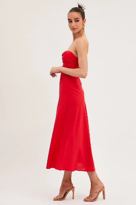 Red Bandeau Dress Sleeveless Midi Sweetheart