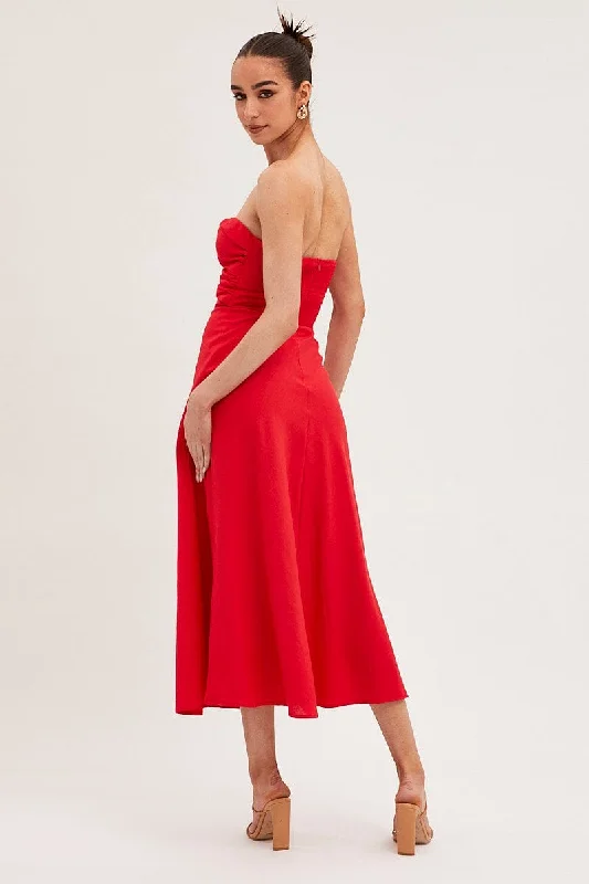 Red Bandeau Dress Sleeveless Midi Sweetheart