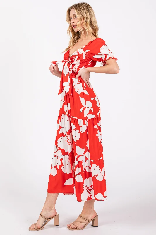 Red Floral Smocked Knotted Top Maxi Dress