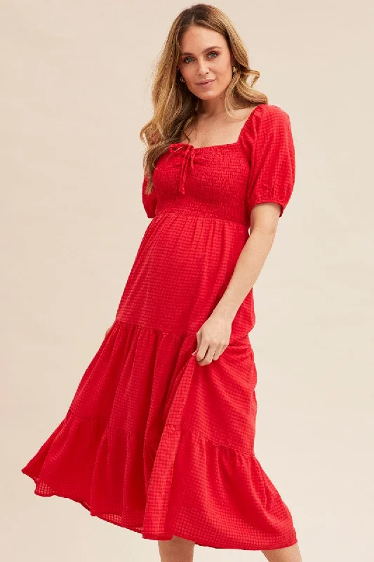 Red Midi Dress Short Sleeve Shirred