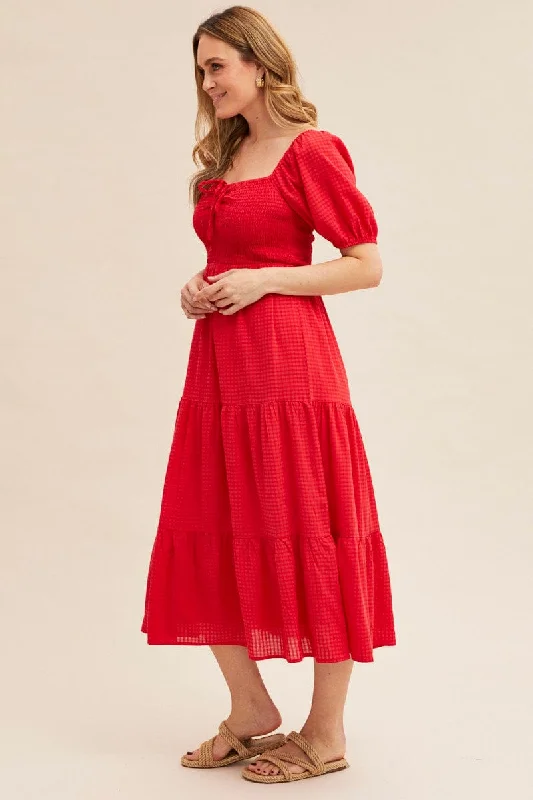 Red Midi Dress Short Sleeve Shirred