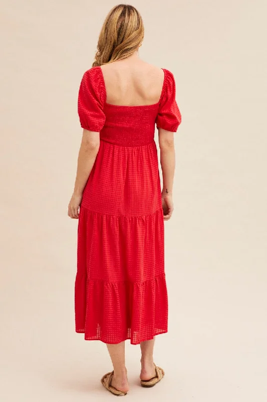 Red Midi Dress Short Sleeve Shirred