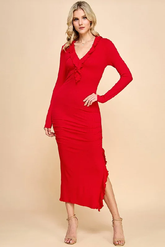 Red Ruffle Ruched Long Sleeve Maxi Dress