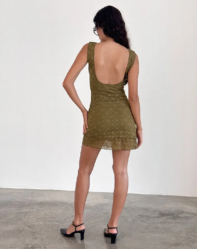 Renata Mini Dress in Textured Moss Green