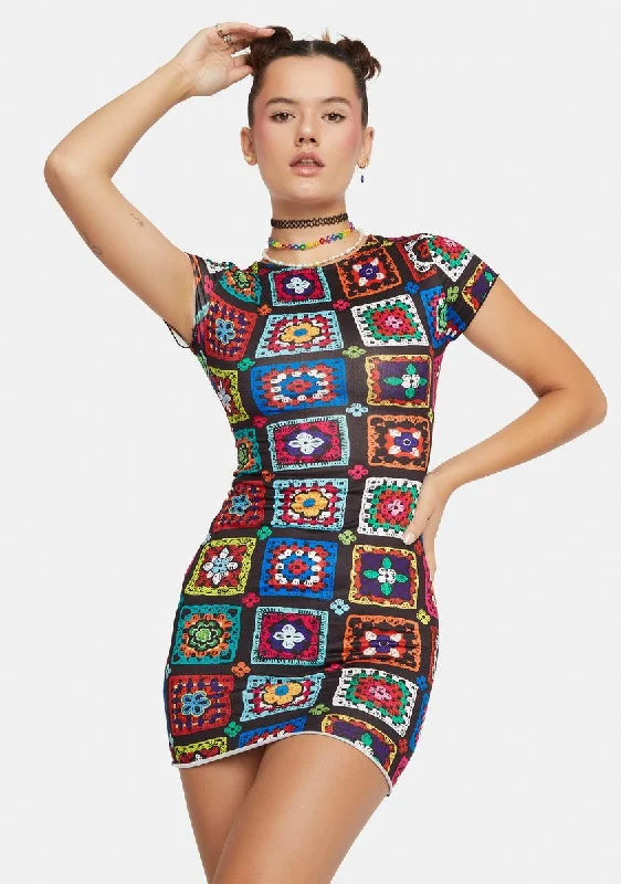 Retro Realness Crochet Print Dress