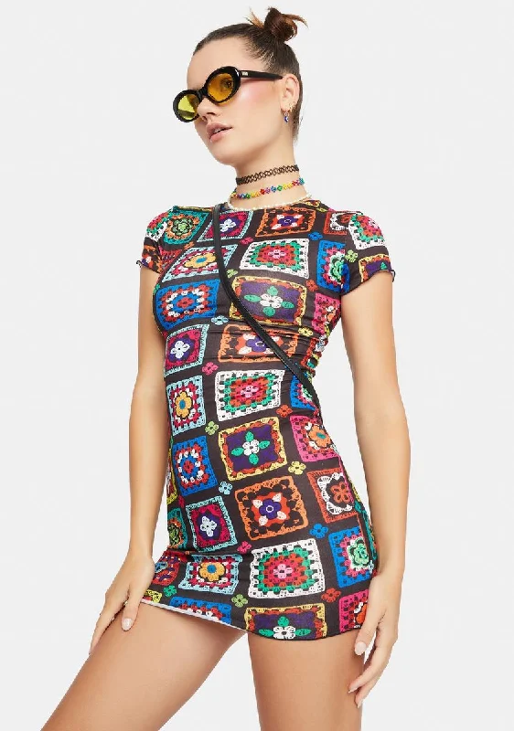 Retro Realness Crochet Print Dress