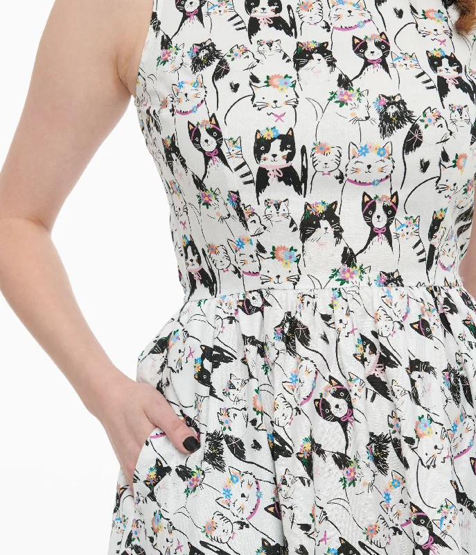 Retrolicious 1950s White Cat Party Crown Print Cotton Swing Dress